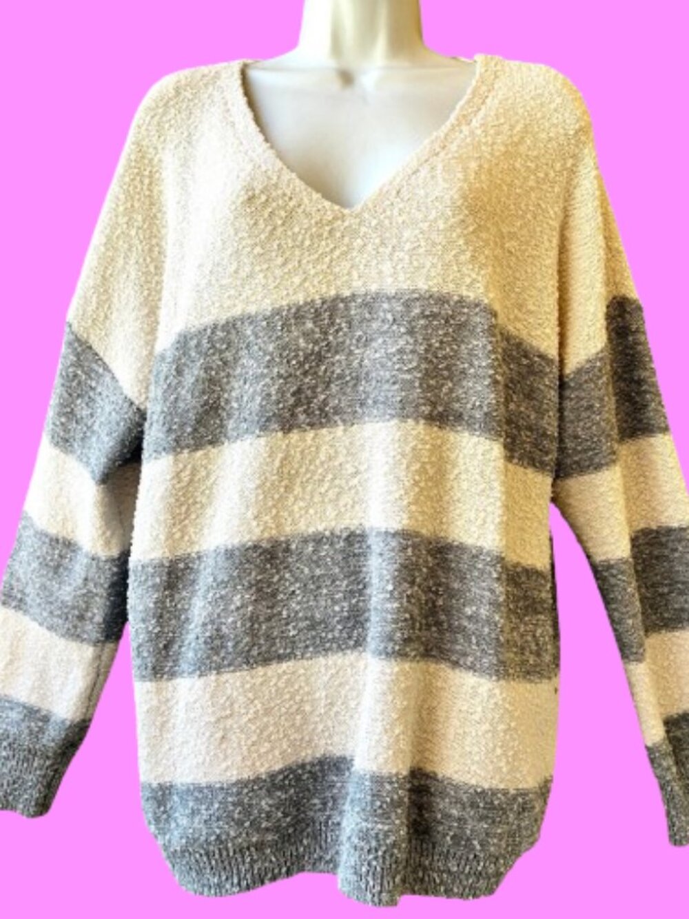 Knox Rose Pullover Striped V-Neck Sweater Boucle Knit XL